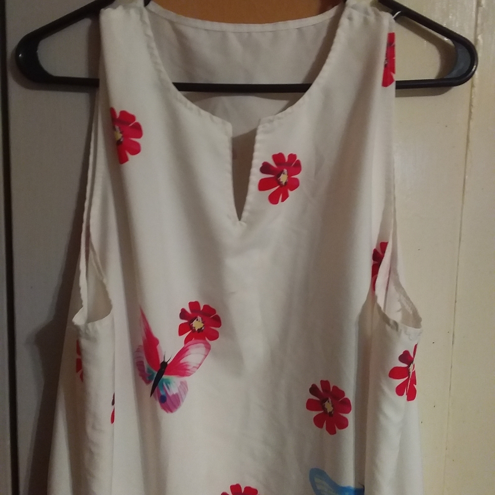 White Floral & Butterfly Sleeveless Top